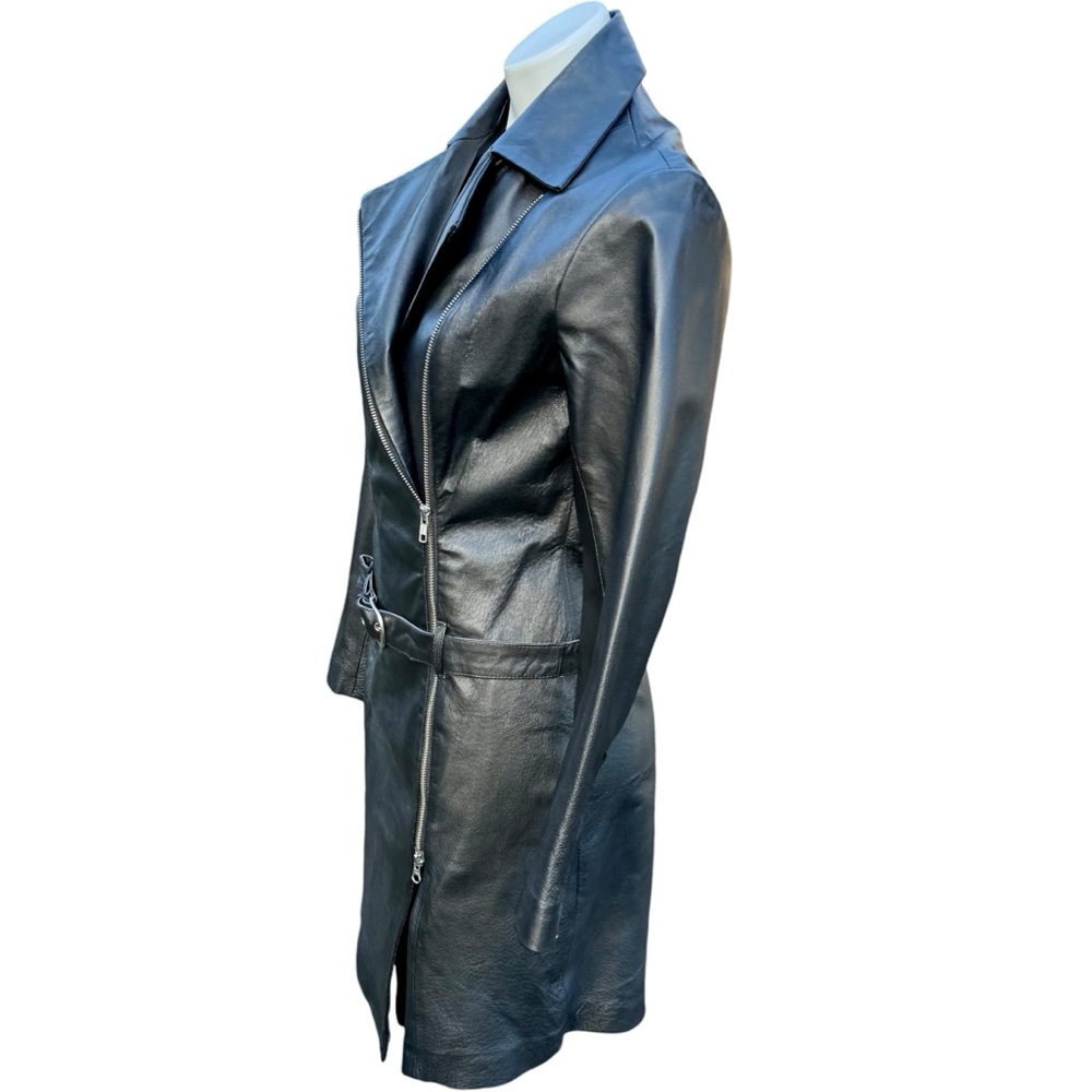 Vintage 1990’s Newport News Black Leather Asymmetrical Zip Moto Dress - Picture 8 of 14